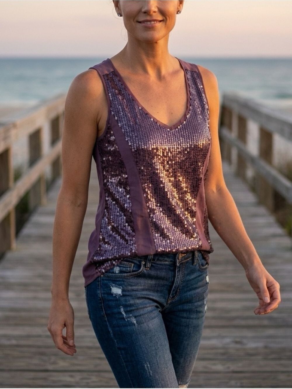 NY & Co. Women's Sequin V-Neck Tank Top - Purple